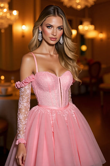 Pink Cold Shoulder Corset A Line Short Prom Dress With Appliques